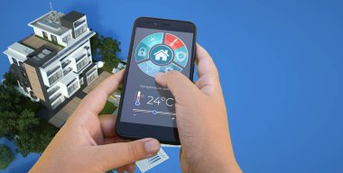 Ev otomasyonunu da içeren bir inşaat projesi mimarisi projesinin 3B görüntülenmesi