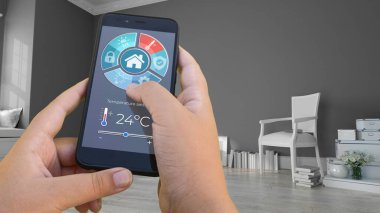 Bir akıllı telefon uygulaması tarafından kontrol edilen modern bir iç mekanın 3D görüntülenmesi