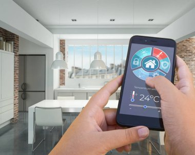 Bir akıllı telefon uygulaması tarafından kontrol edilen modern bir iç mekanın 3D görüntülenmesi