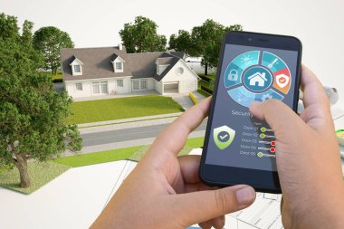 Bir otomasyon ev uygulaması tarafından kontrol edilen klasik bir evin 3 boyutlu canlandırması