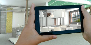 Bitmiş mutfağı gösteren tabletle bir iç inşaat alanının 3 boyutlu görüntülenmesi