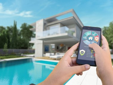 Dışarıdan bir akıllı telefon tarafından kontrol edilen havuzu olan 3 boyutlu modern bir villa.