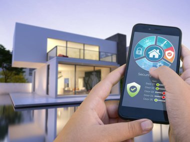 Dışarıdan bir akıllı telefon tarafından kontrol edilen havuzu olan 3 boyutlu modern bir villa.