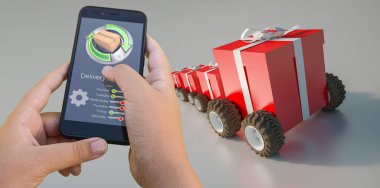 Çevrimiçi hediye alımını izleyen bir akıllı telefon uygulamasının 3B görüntülenmesi