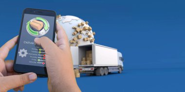 Arkaplanda kamyonlar ve eşyalar olan akıllı telefon dağıtım uygulamasının 3 boyutlu görüntülenmesi