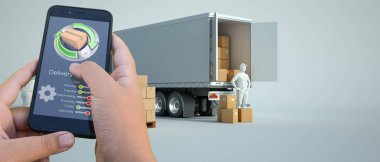 Arkaplanda kamyonlar ve eşyalar olan akıllı telefon dağıtım uygulamasının 3 boyutlu görüntülenmesi