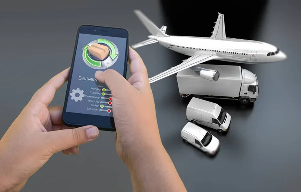 背景に飛行機 トラック バンとスマートフォンの配信追跡アプリの3Dレンダリング — ストック写真