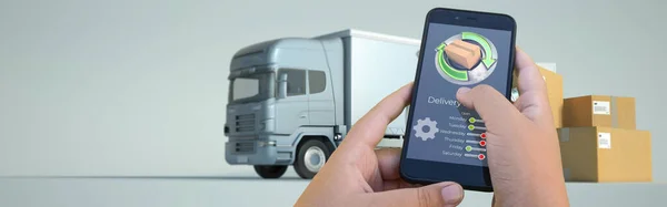 Rendering Einer Smartphone Auslieferungs Tracking App Mit Lkws Und Waren — Stockfoto