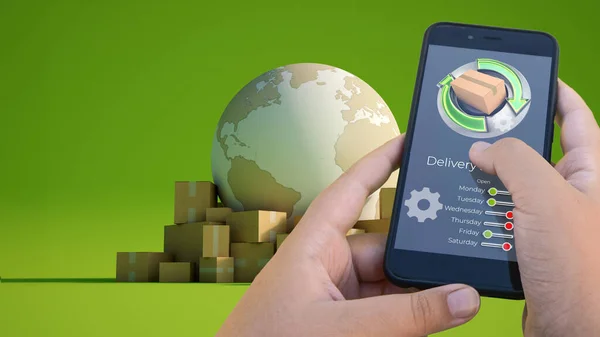 3D rendering of a smartphone delivery tracking app packages on the background