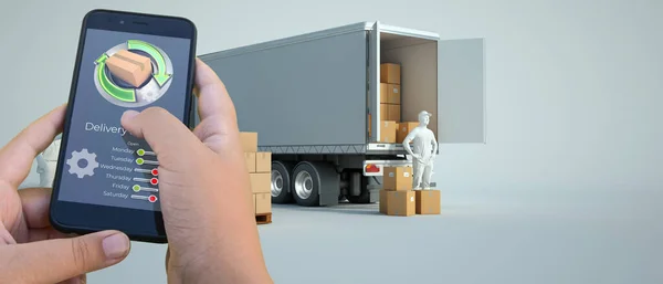 背景にトラックや商品とスマートフォンの配信追跡アプリの3Dレンダリング — ストック写真