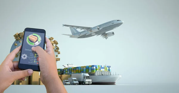 Representación Una Aplicación Seguimiento Entrega Teléfonos Inteligentes Con Avión Camión — Foto de Stock