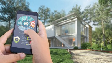 Dışarıdan bir akıllı telefon tarafından kontrol edilen modern bir villanın 3 boyutlu görüntüsü.