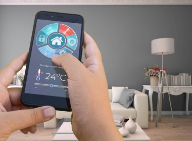 Bir akıllı telefon uygulaması tarafından kontrol edilen modern bir iç mekanın 3D görüntülenmesi