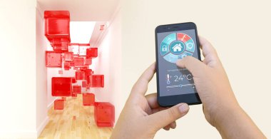 Bir ev otomasyon uygulaması tarafından kontrol edilen soyut bir evin 3 boyutlu görüntülenmesi