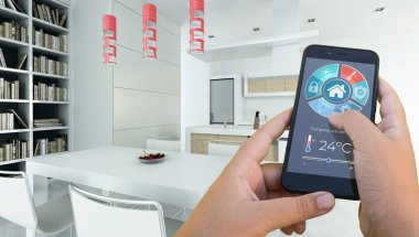 Bir akıllı telefon uygulaması tarafından kontrol edilen modern bir iç mekanın 3D görüntülenmesi