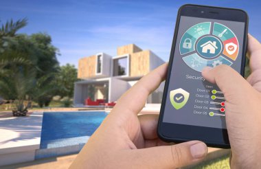 Dışarıdan bir akıllı telefon tarafından kontrol edilen havuzu olan 3 boyutlu modern bir villa.