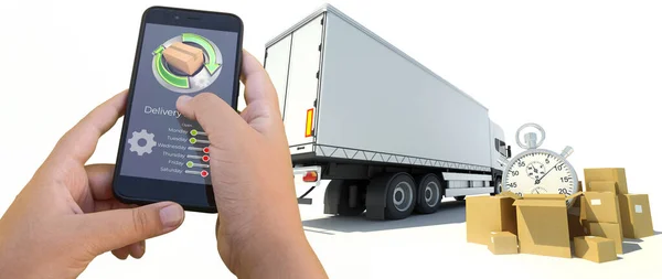 背景にトラックや商品とスマートフォンの配信追跡アプリの3Dレンダリング — ストック写真