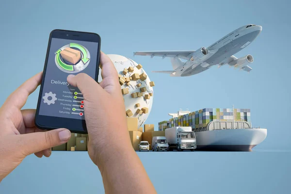 Rendering Smartphone Delivery Tracking App Airplane Truck Ship Van Background — Stock Photo, Image