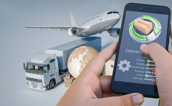3D rendering of a smartphone delivery tracking app with an airplane, truck and van on the background