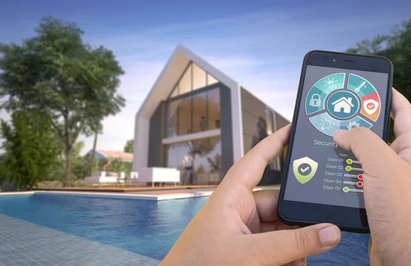 Rendering Una Villa Moderna Con Piscina Controllata Uno Smartphone Dall — Foto Stock