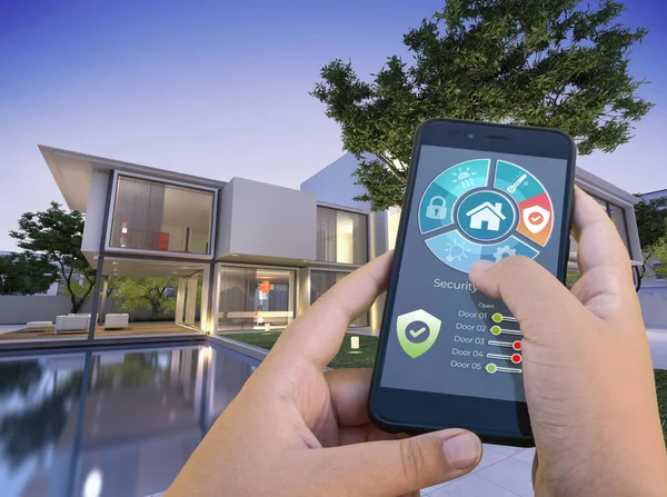 Rendering Una Villa Moderna Con Piscina Controllata Uno Smartphone Dall — Foto Stock