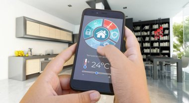 Bir akıllı telefon uygulaması tarafından kontrol edilen modern bir iç mekanın 3D görüntülenmesi