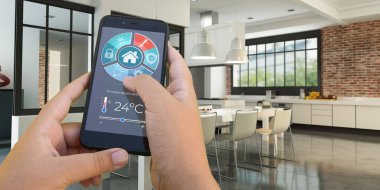 Bir akıllı telefon uygulaması tarafından kontrol edilen modern bir iç mekanın 3D görüntülenmesi