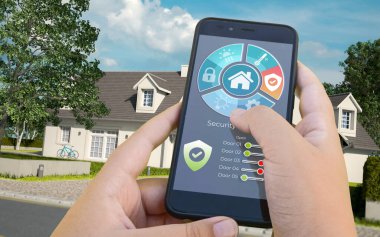 Bir otomasyon ev uygulaması tarafından kontrol edilen klasik bir evin 3 boyutlu canlandırması