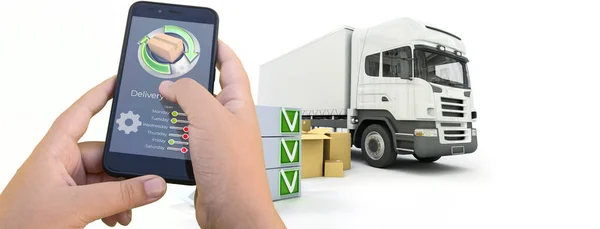 基于卡车和货物的智能手机交付跟踪应用程序的3D渲染 — 图库照片