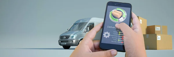 Rendering Smartphone Delivery Tracking App Trucks Goods Background — Stock Photo, Image