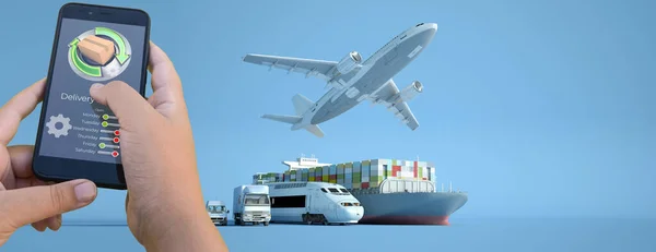 3D rendering of a smartphone delivery tracking app with an airplane, truck, ship and van on the background