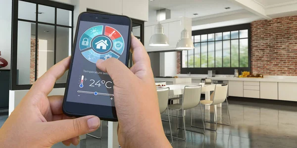 Bir akıllı telefon uygulaması tarafından kontrol edilen modern bir iç mekanın 3D görüntülenmesi