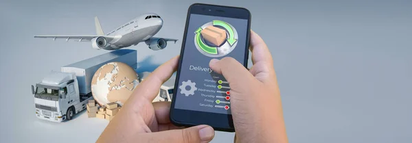 3D rendering of a smartphone delivery tracking app with an airplane, truck and van on the background