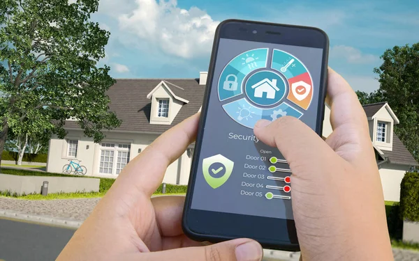 Bir otomasyon ev uygulaması tarafından kontrol edilen klasik bir evin 3 boyutlu canlandırması