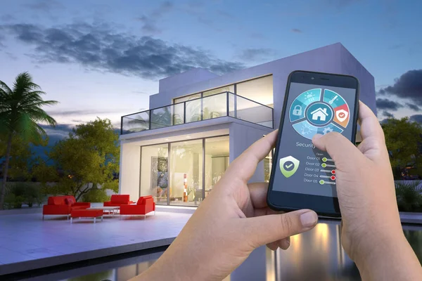 从外部用智能手机控制游泳池的现代别墅3D渲染 — 图库照片
