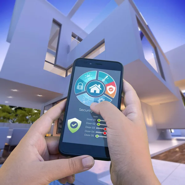 Rendering Una Villa Moderna Con Piscina Controllata Uno Smartphone Dall — Foto Stock