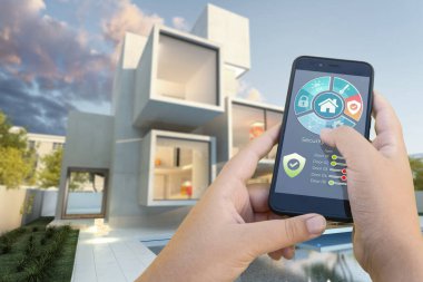 Dışarıdan bir akıllı telefon tarafından kontrol edilen havuzu olan 3 boyutlu modern bir villa.