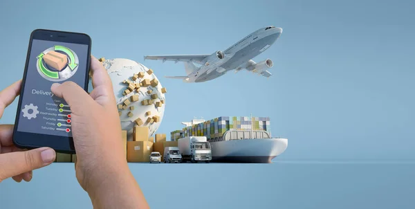 Rendering Smartphone Delivery Tracking App Airplane Truck Ship Van Background — Stock Photo, Image