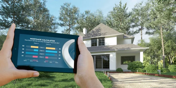 住宅ローン計算機と背景に家を持つモバイルデバイスの3Dレンダリング — ストック写真