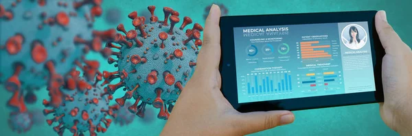 3D rendering of a tablet with medical information with a coronavirus background