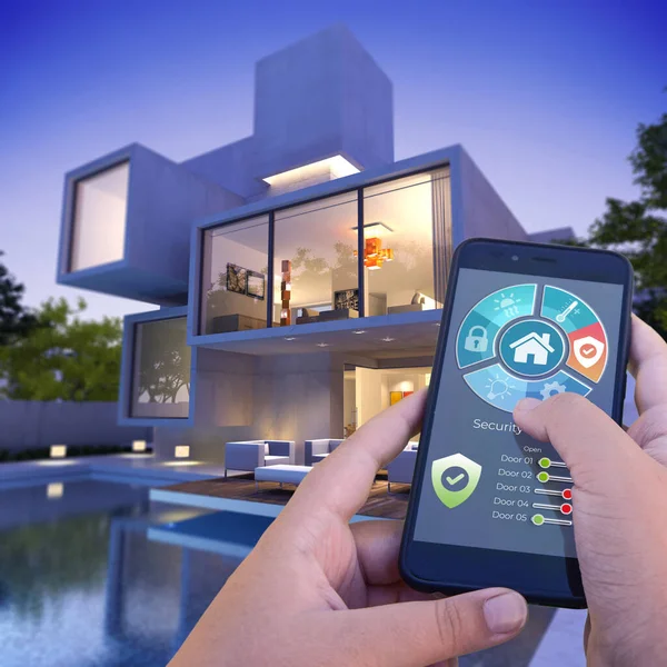 Rendering Una Villa Moderna Con Piscina Controllata Uno Smartphone Dall — Foto Stock