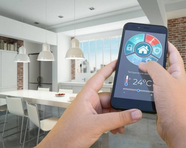Bir akıllı telefon uygulaması tarafından kontrol edilen modern bir iç mekanın 3D görüntülenmesi