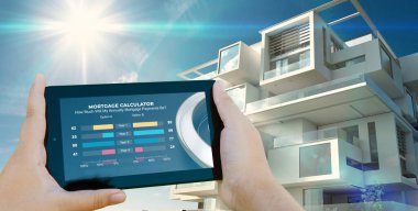 Arkaplanda ipotek hesap makinesi ve apartman binası olan mobil bir cihazın 3D görüntülenmesi