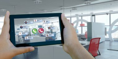 Bir iş videosu ve boş bir ofisi olan üç boyutlu bir tablet hazırlama