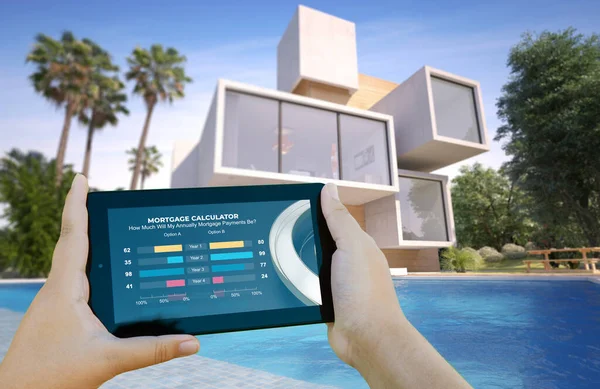 住宅ローン計算機と背景に豪華な家を持つモバイルデバイスの3Dレンダリング — ストック写真
