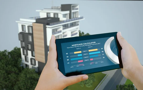 住宅ローンの計算機とバックグラウンドでアパートの建物を持つモバイルデバイスの3Dレンダリング — ストック写真