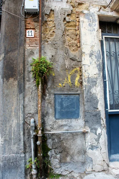 Fachada Com Tubo Vazamento Com Erva Daninha Brotando Diferentes Camadas — Fotografia de Stock