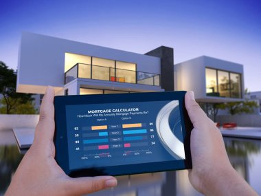 Mobil cihazın ipotek hesap makinesi ve arka planda lüks bir evi olan 3D görüntülemesi