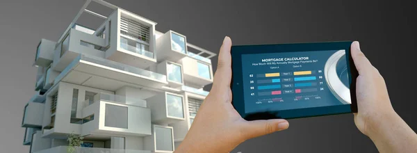 Rendering Mobile Device Mortgage Calculator Apartment Building Background — Stock Photo, Image