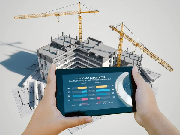 3D rendering of a mobile device with an mortgage calculator and an apartment building under construction